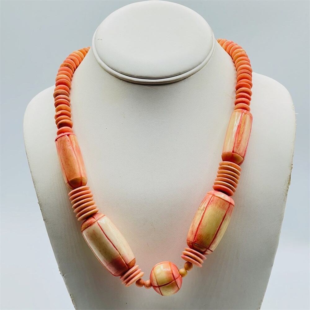 Vintage Wood Cylinder Disk Beaded Statement Necklace Boho Salmon Coral Orange 20